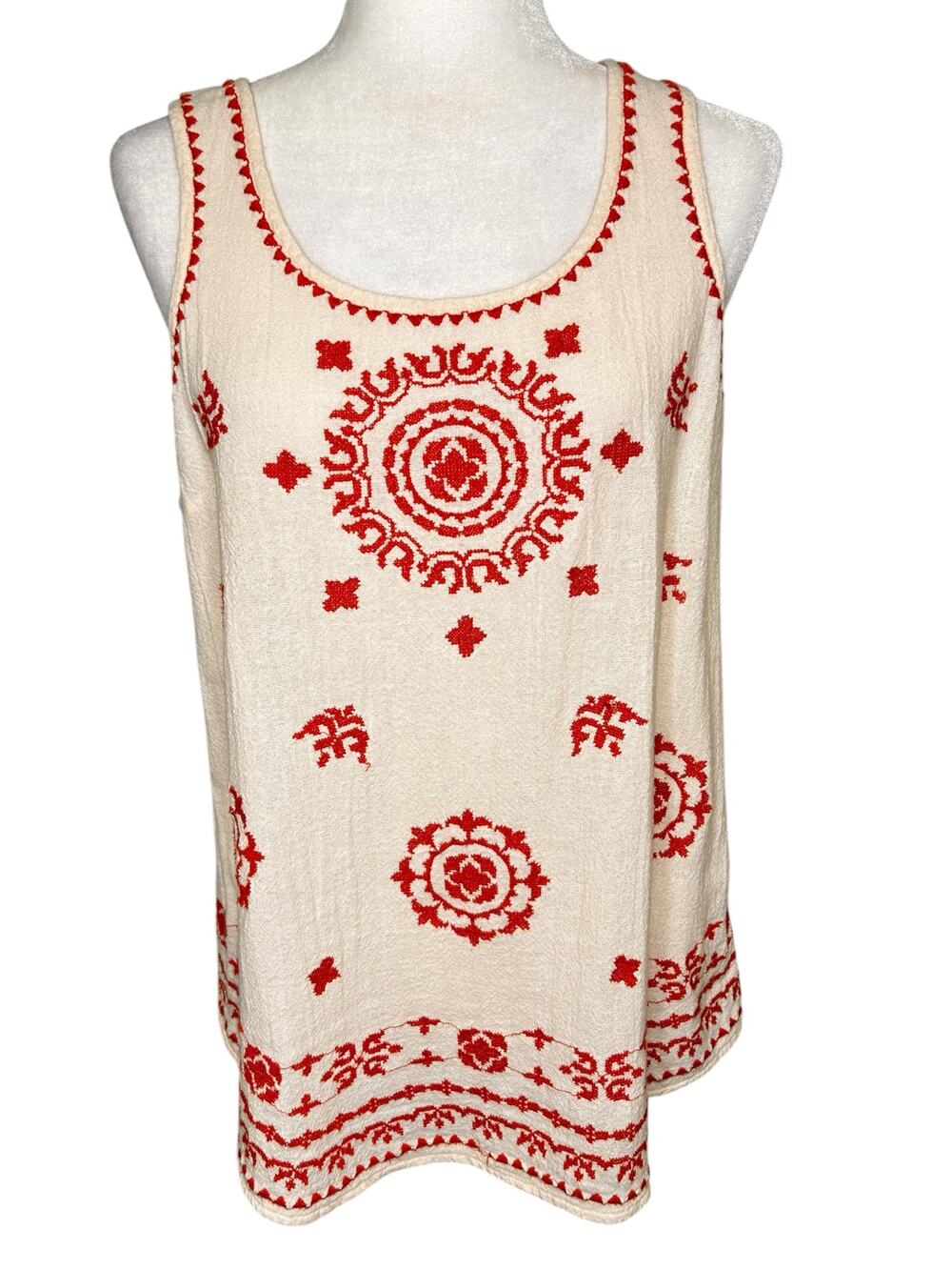 Lucky Brand Cream Orange Embroidered Cotton Gauze Keyhole Back Tank Top Large